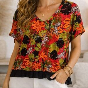 C&C California 100% Linen Tropical Resort Boho Floral Animal Top Size L